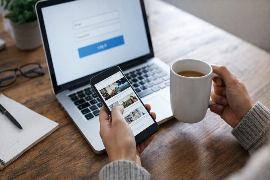 Person checking banking app smartphone coffee table