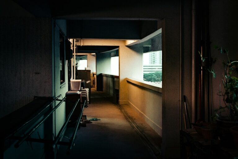 Person carrying grocery bags apartment hallway