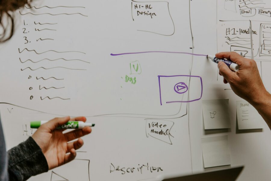 Person teaching small workshop whiteboard notebooks
