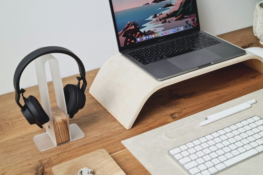 Home office desk headset laptop notepad