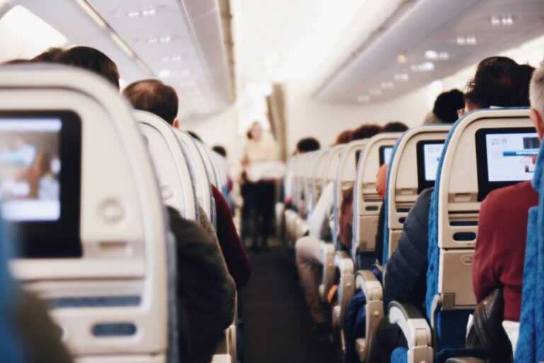 Airplane cabin credit card loyalty miles person using