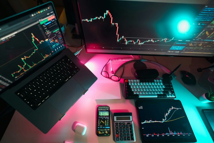 Stock market sectors chart laptop desk