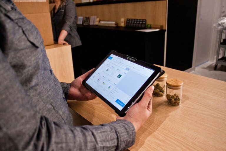 Person using banking app kitchen table