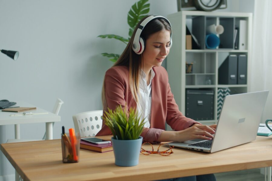 Home office desk laptop headphones notebook