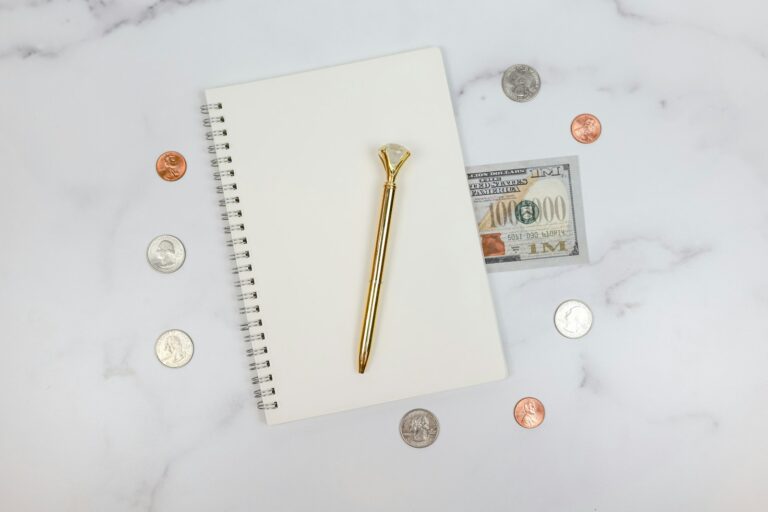 Notebook pen calculator coins desk