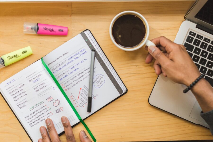 Person working desk notebook laptop coffee