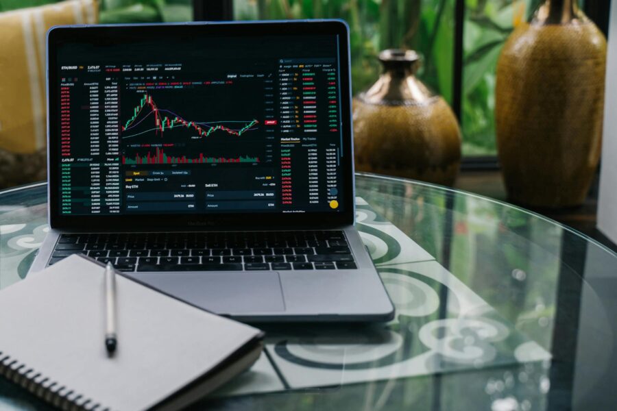 Diversified investment chart laptop coffee