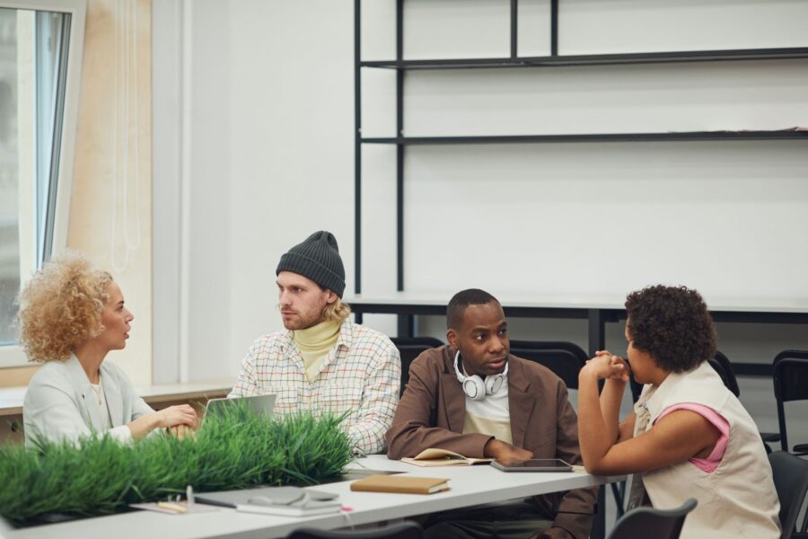 Office workers talking