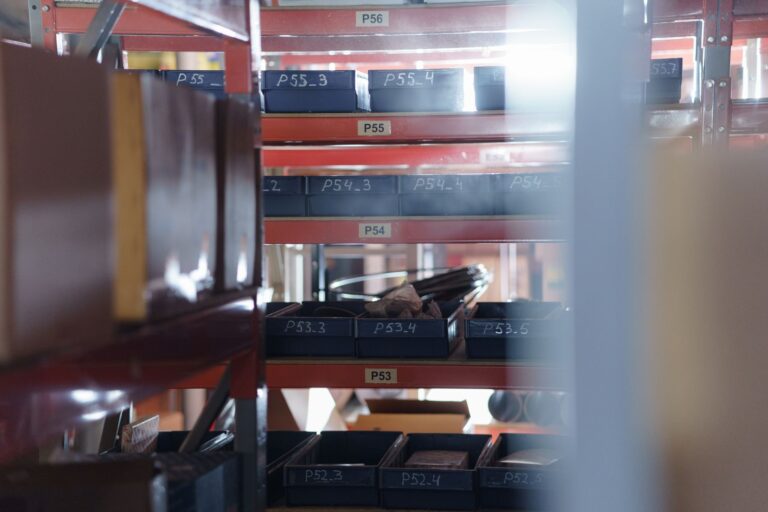 Shelves labeled boxes